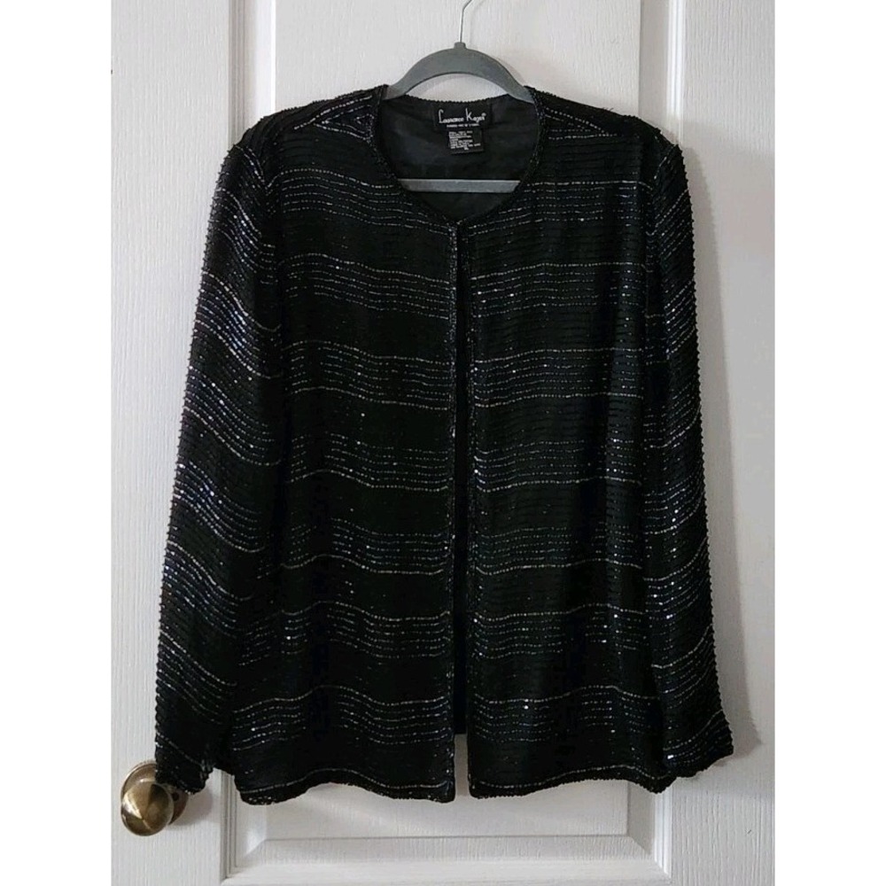 Vintage‎ Laurence Kazar  Women Black Silk Beaded Cardigan Blazer Size XL